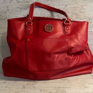 Tommy Hilfiger Bold Red Tote with Gold Accents